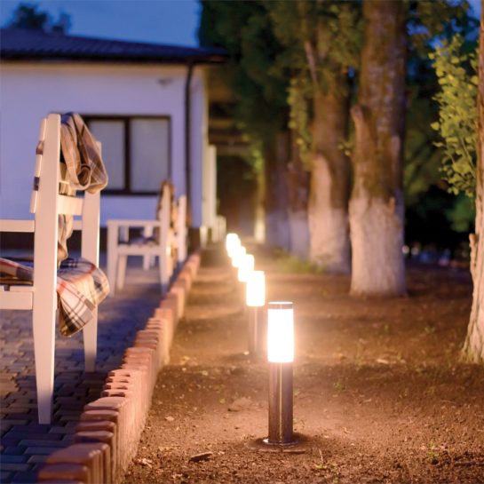 Bollard lights in a row next to a row of trees in a garden